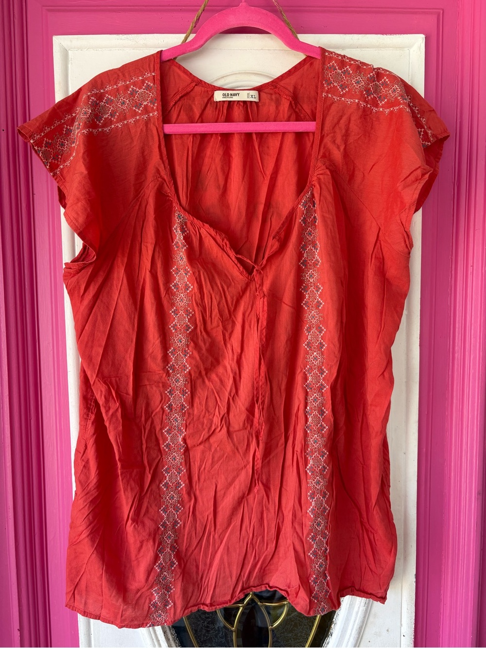 Old Navy Red Cap-Sleeve Embroidered V-Neck Blouse